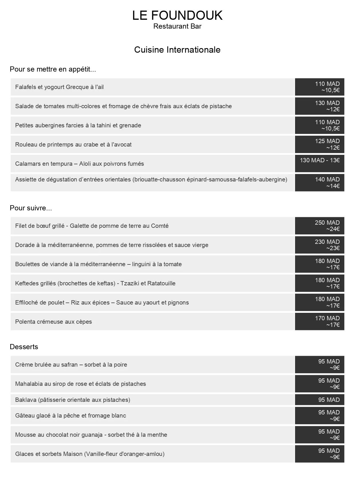 Le Foundouk menu page 1