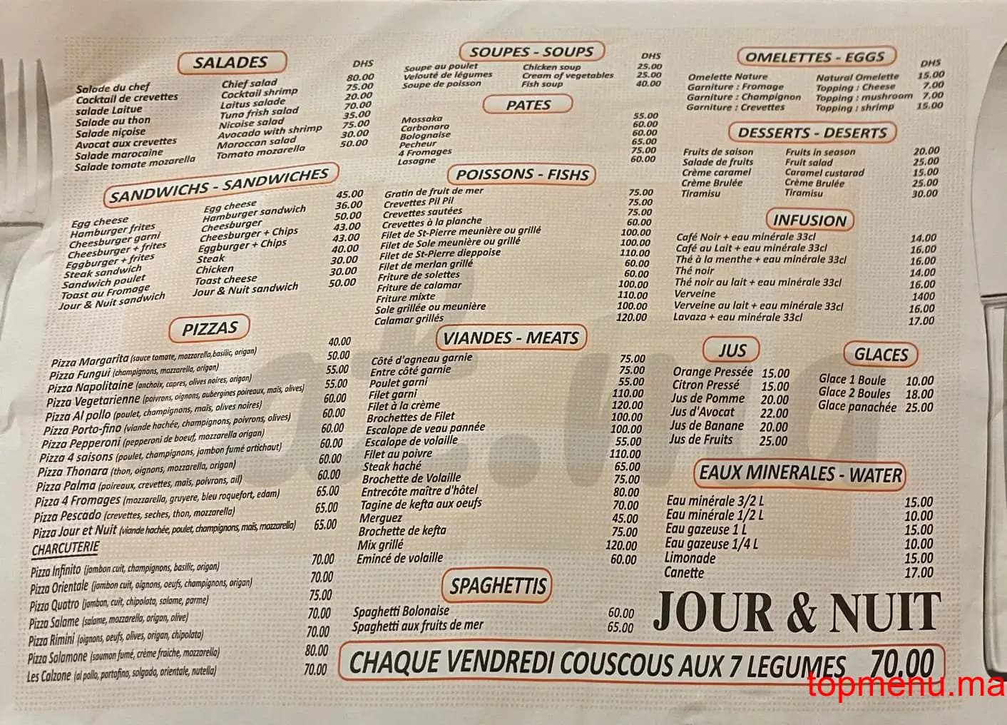 Restaurant Jour et Nuit Café Restaurant menu page 1 Jour et Nuit Café Restaurant menu page 1