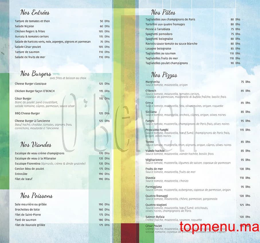 Restaurant O’Bench menu page 1 O’Bench menu page 1