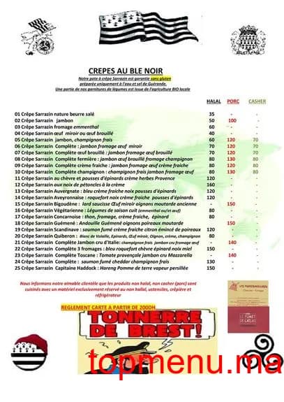 Restaurant Creperie Bretonne Tonnerre De Brest menu page 1 Creperie Bretonne Tonnerre De Brest menu page 1