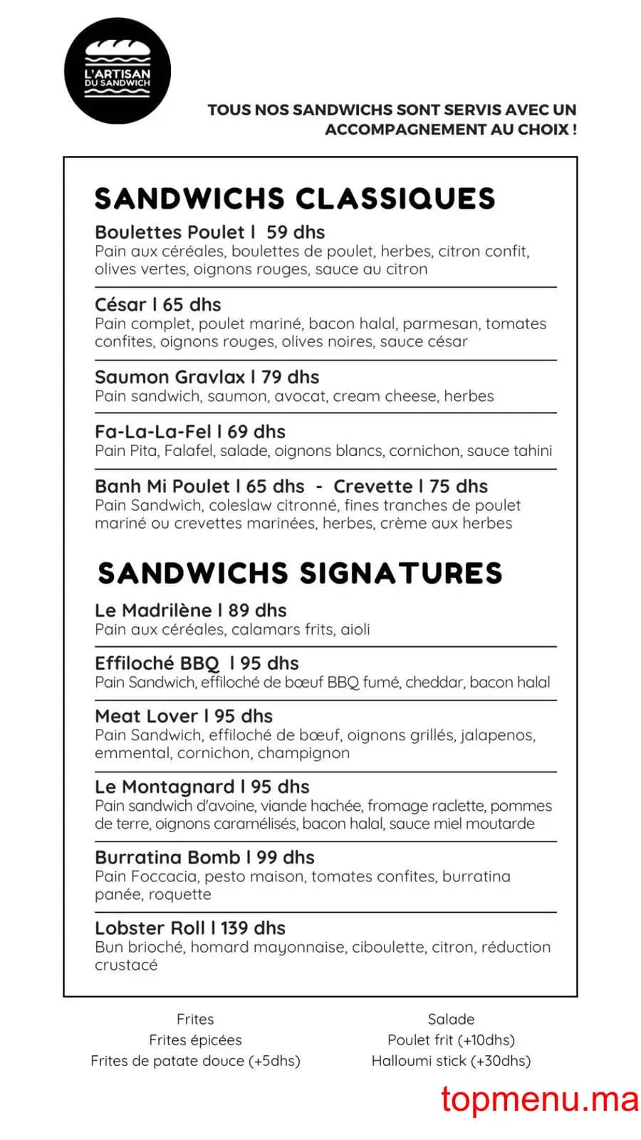 Restaurant L’Artisan du Sandwich menu page 1 L’Artisan du Sandwich menu page 1
