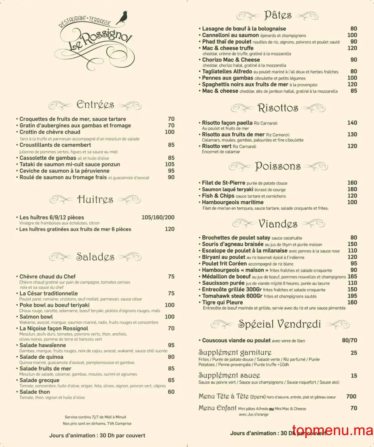 Restaurant Le Rossignol menu page 1 Le Rossignol menu page 1
