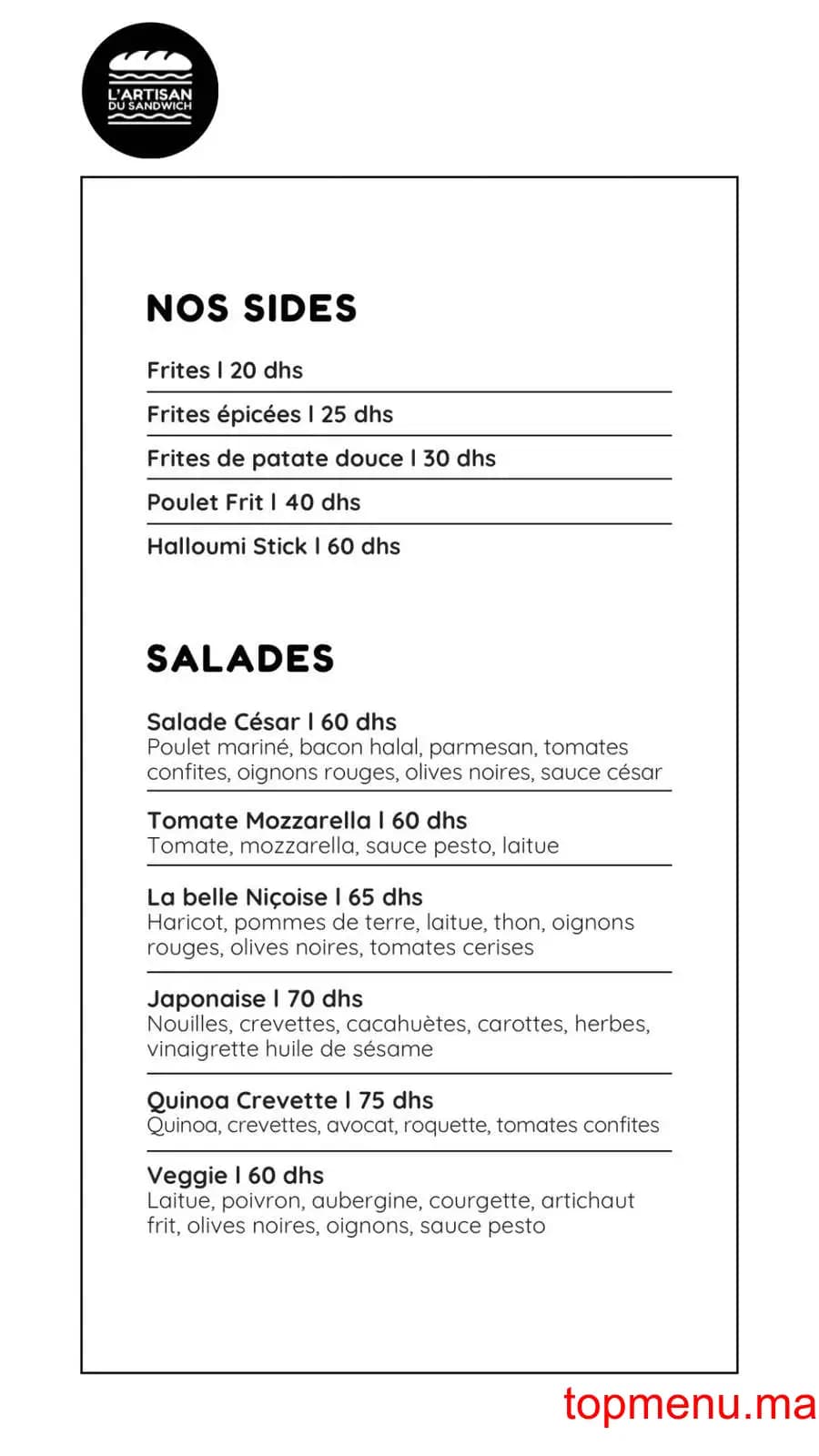 Restaurant L’Artisan du Sandwich menu page 2 L’Artisan du Sandwich menu page 2