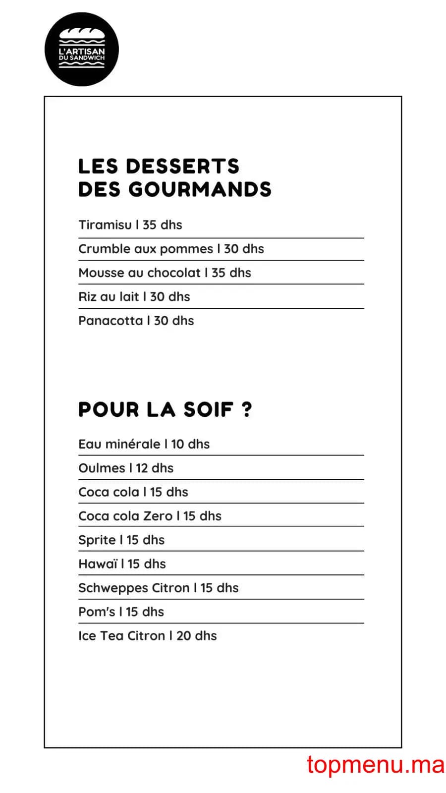 Restaurant L’Artisan du Sandwich menu page 3 L’Artisan du Sandwich menu page 3