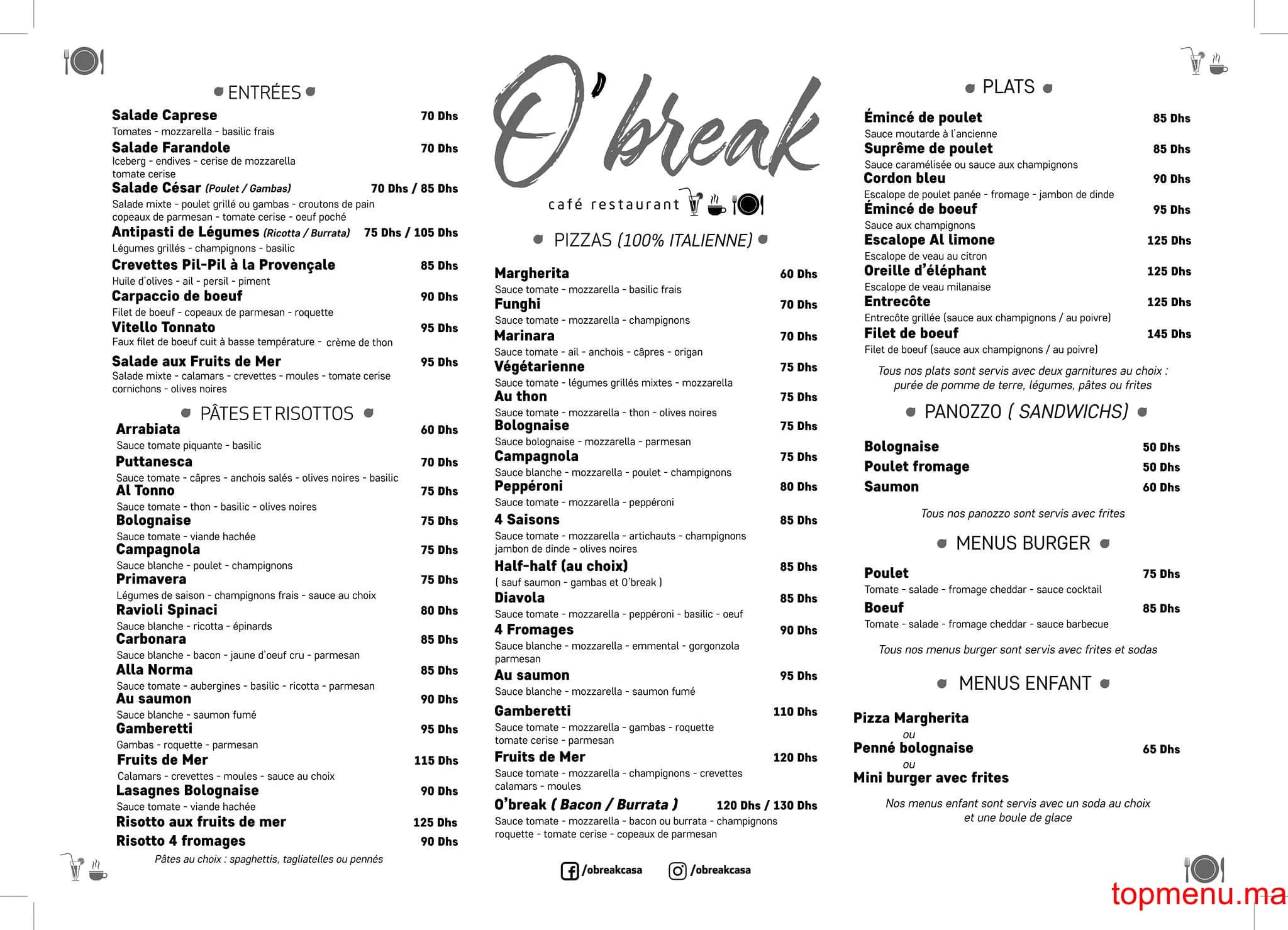 Restaurant O’Break menu page 1 O’Break menu page 1