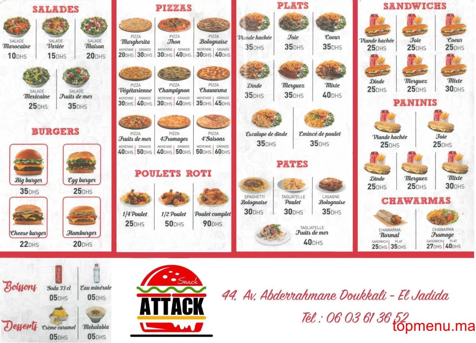 Restaurant Snack Attack menu page 1 Snack Attack menu page 1