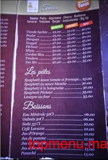 Restaurant Espace Yen Sin Tacos menu page 6 Espace Yen Sin Tacos menu page 6