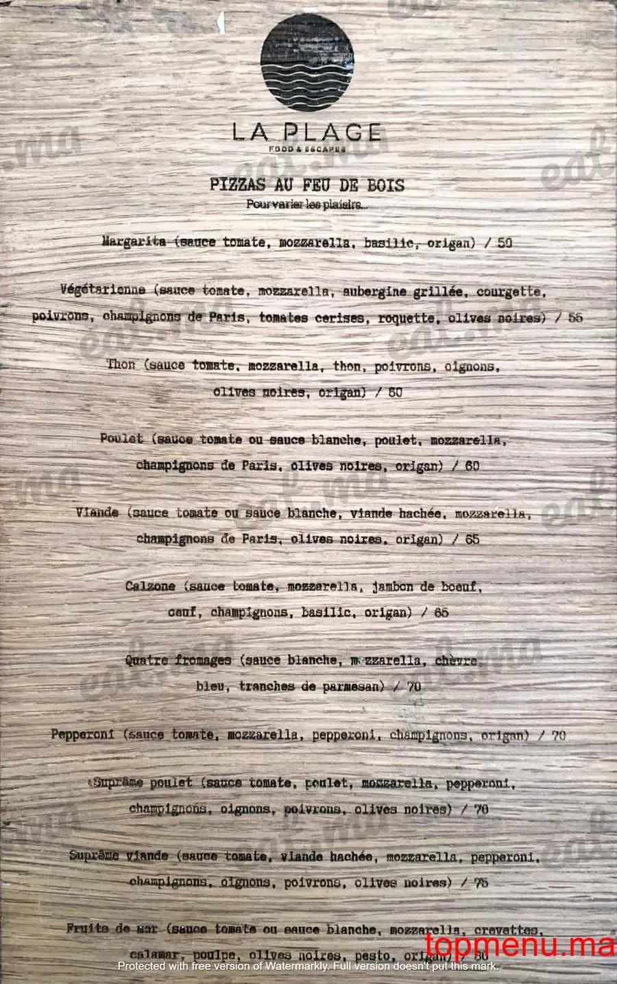 Restaurant La Plage Expérience Sidi Bouzid menu page 2 La Plage Expérience Sidi Bouzid menu page 2