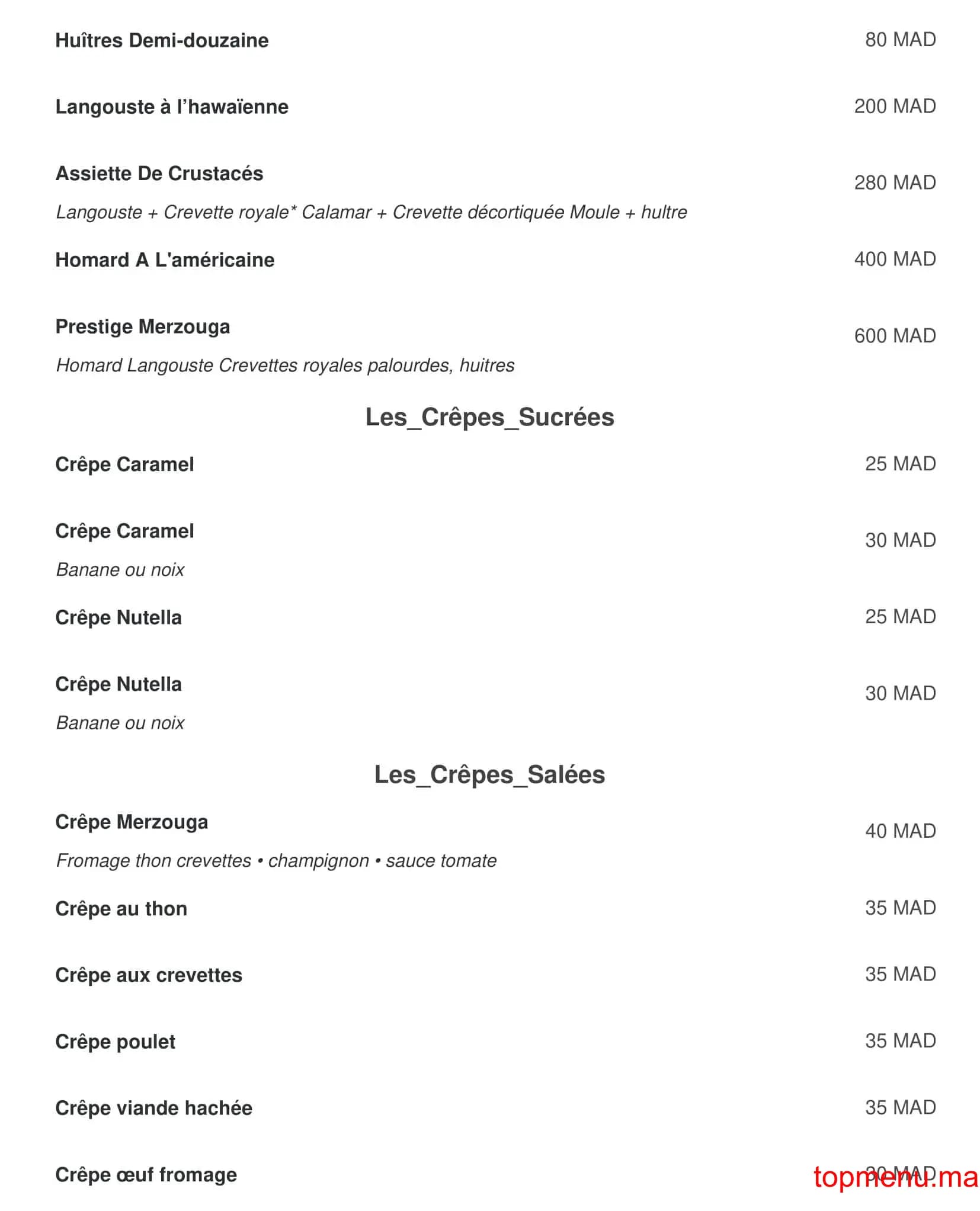 Restaurant Merzouga menu page 2 Merzouga menu page 2