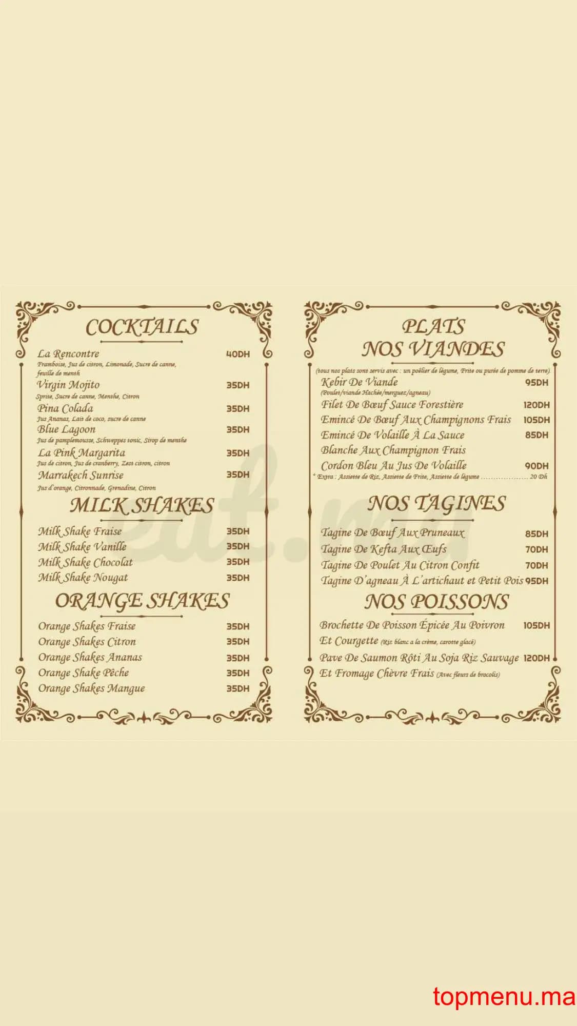 Restaurant La Rencontre Marrakech menu page 2 La Rencontre Marrakech menu page 2