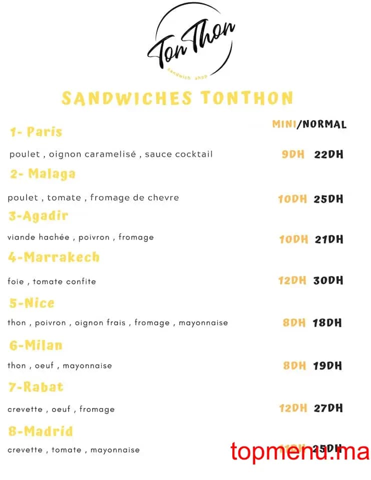 Restaurant Ton Thon menu page 1 Ton Thon menu page 1