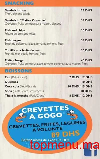Restaurant Maitre crevette menu page 1 Maitre crevette menu page 1