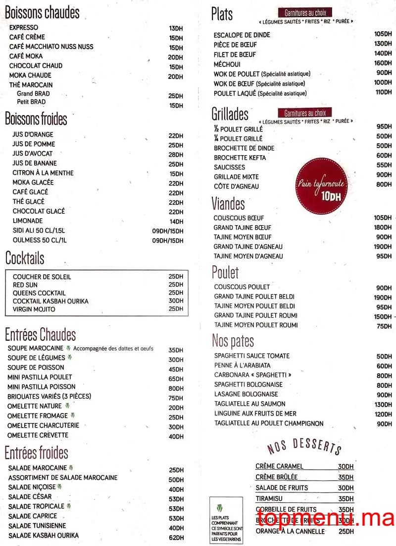 Restaurant La Kasbah de l’Ourika menu page 1 La Kasbah de l’Ourika menu page 1