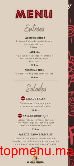 Restaurant Le Labo Africain menu page 1 Le Labo Africain menu page 1