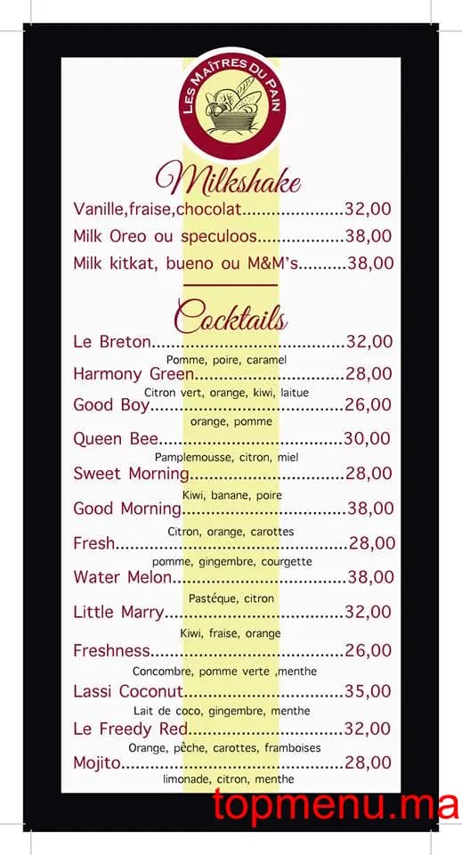 Restaurant Les Maîtres du Pain menu page 1 Les Maîtres du Pain menu page 1