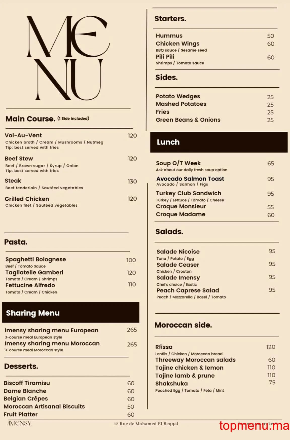 Restaurant imensy menu page 1 imensy menu page 1