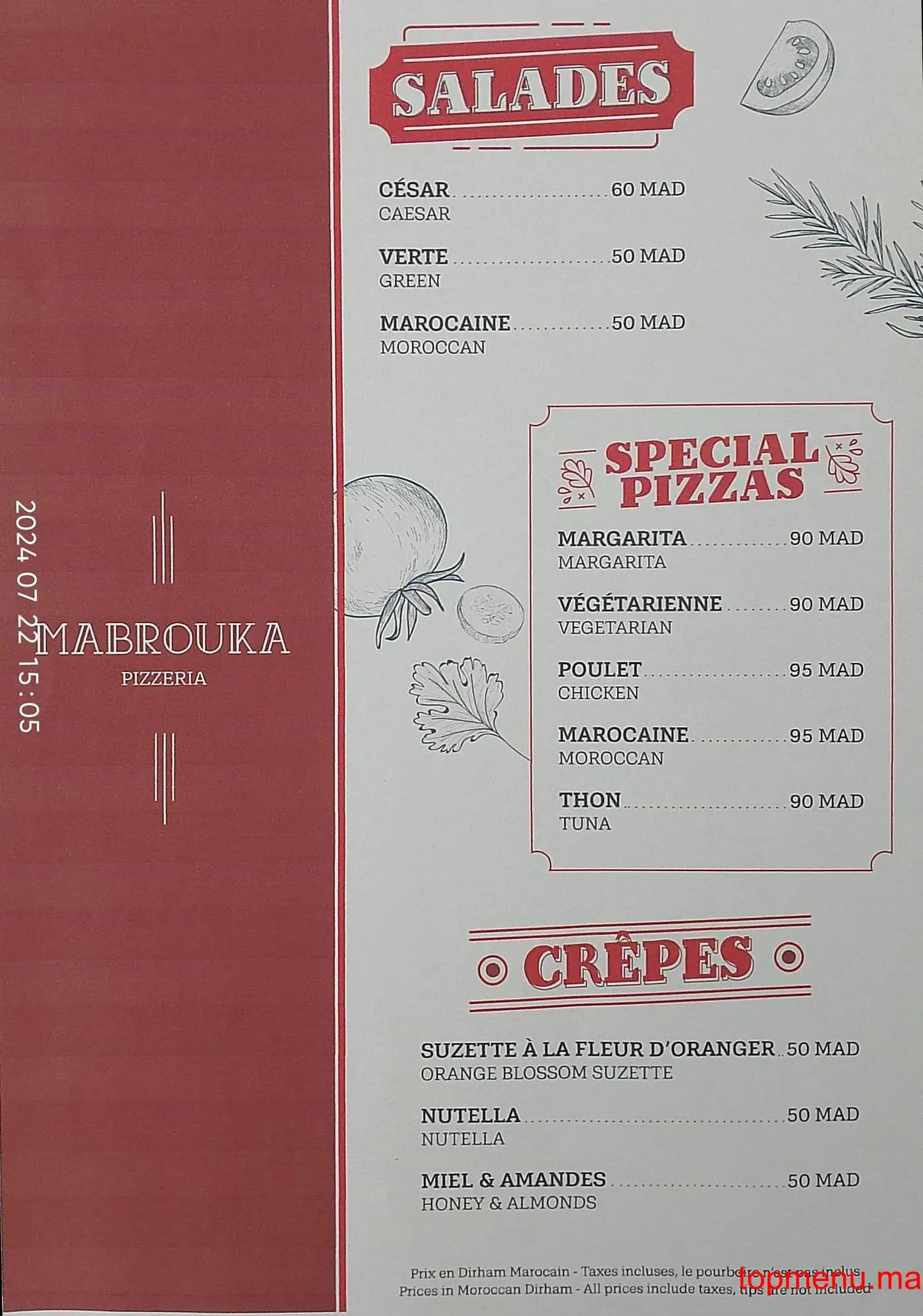 Restaurant Mabrouka Café Pizzeria menu page 1 Mabrouka Café Pizzeria menu page 1