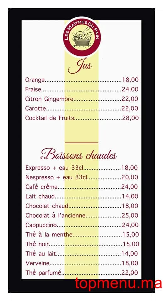 Restaurant Les Maîtres du Pain menu page 2 Les Maîtres du Pain menu page 2