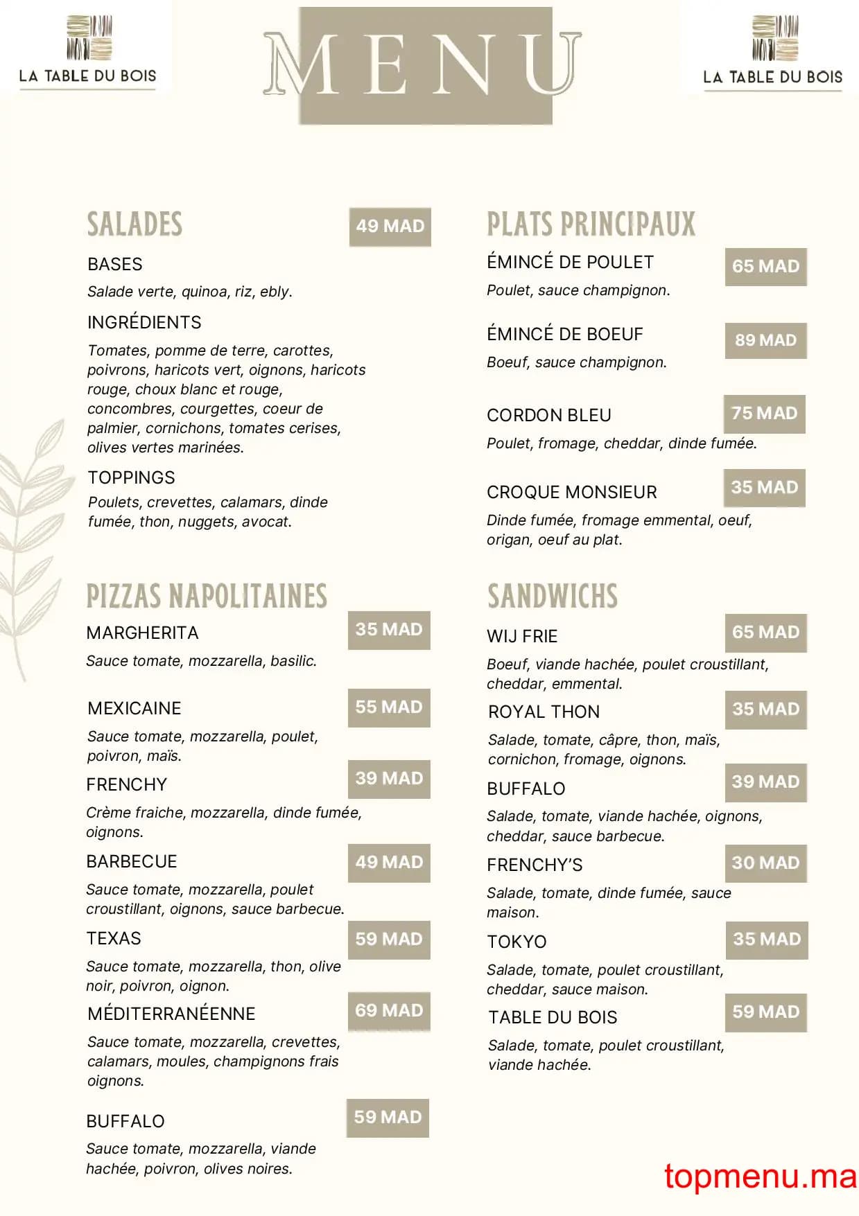 Restaurant La Table du Bois menu page 1 La Table du Bois menu page 1