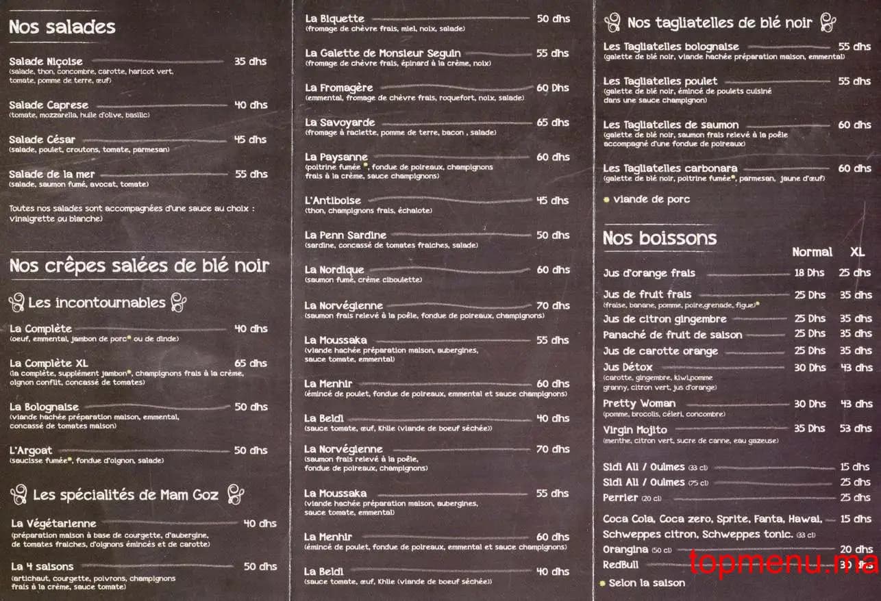 Restaurant Mam Goz menu page 2 Mam Goz menu page 2