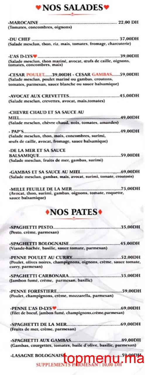 Restaurant L’AS D-LYS menu page 2 L’AS D-LYS menu page 2