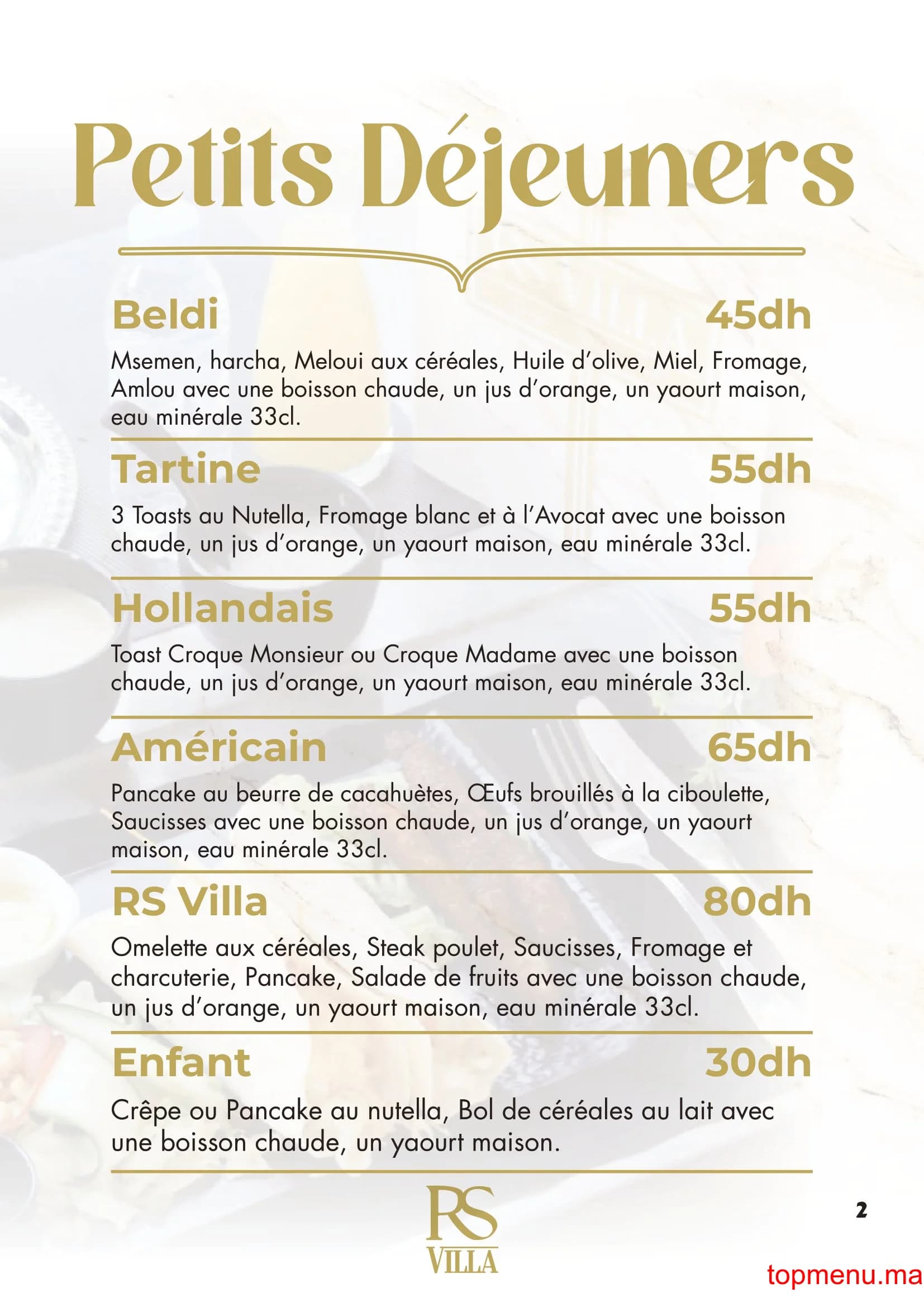 Restaurant RS Villa – Café Restaurant menu page 2 RS Villa – Café Restaurant menu page 2