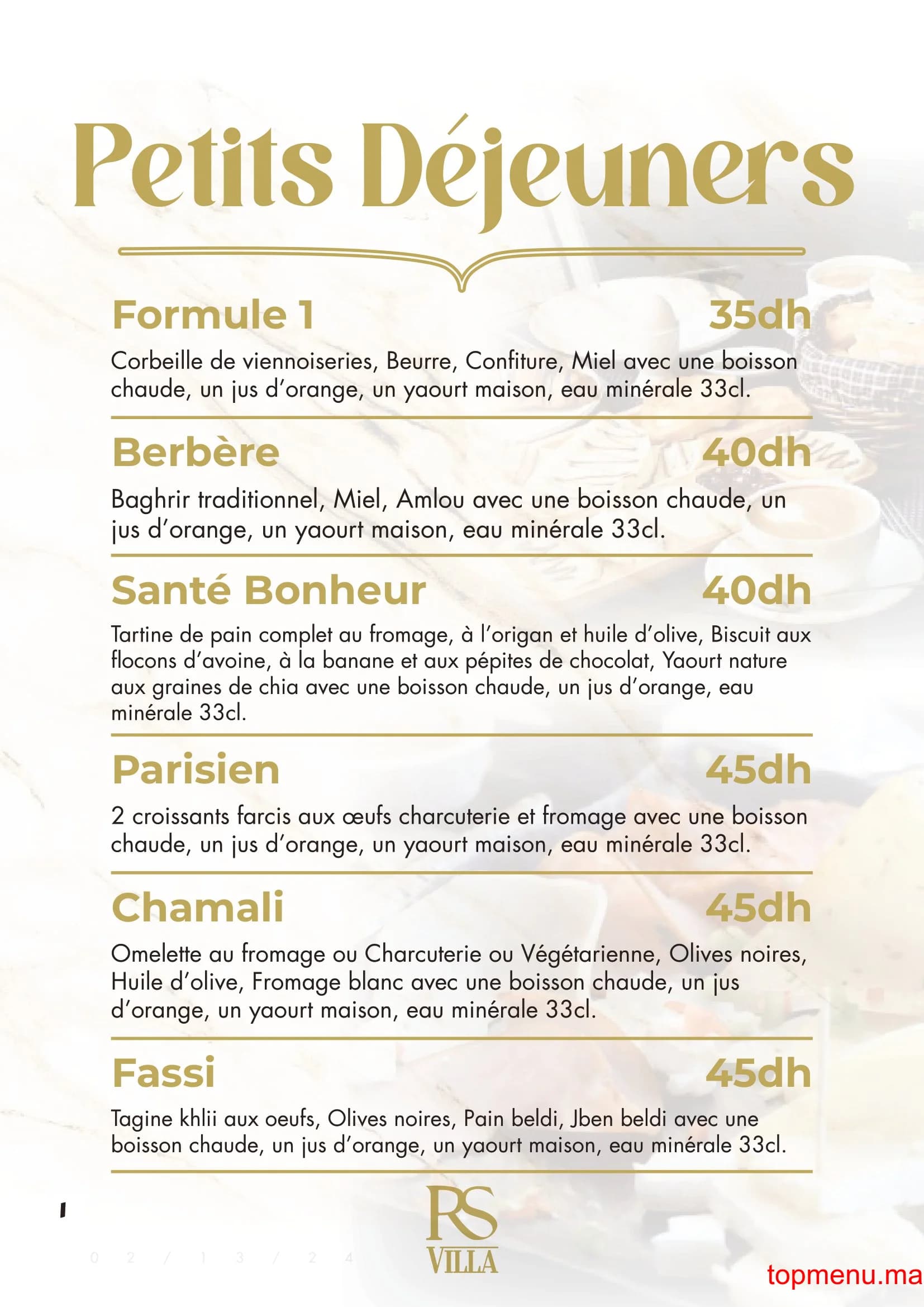 Restaurant RS Villa – Café Restaurant menu page 1 RS Villa – Café Restaurant menu page 1