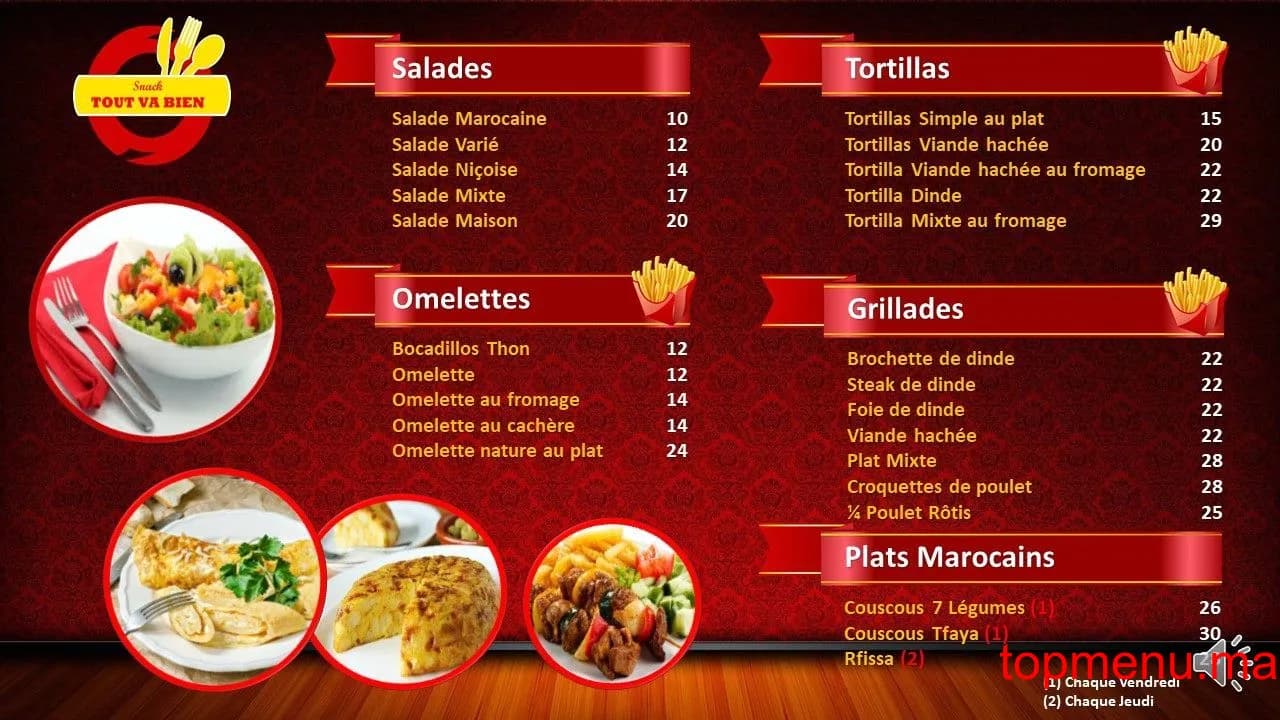 Restaurant Tout Va Bien menu page 2 Tout Va Bien menu page 2