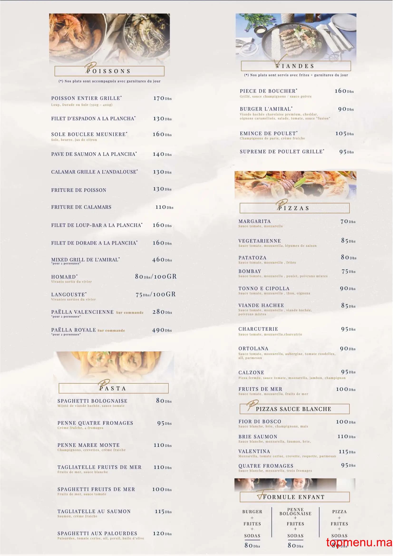 Restaurant La table de l’Amiral menu page 2 La table de l’Amiral menu page 2