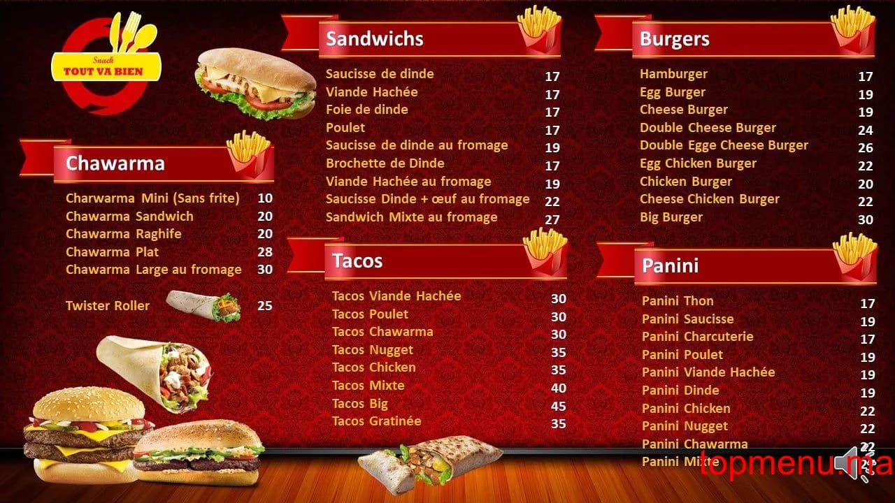 Restaurant Tout Va Bien menu page 1 Tout Va Bien menu page 1