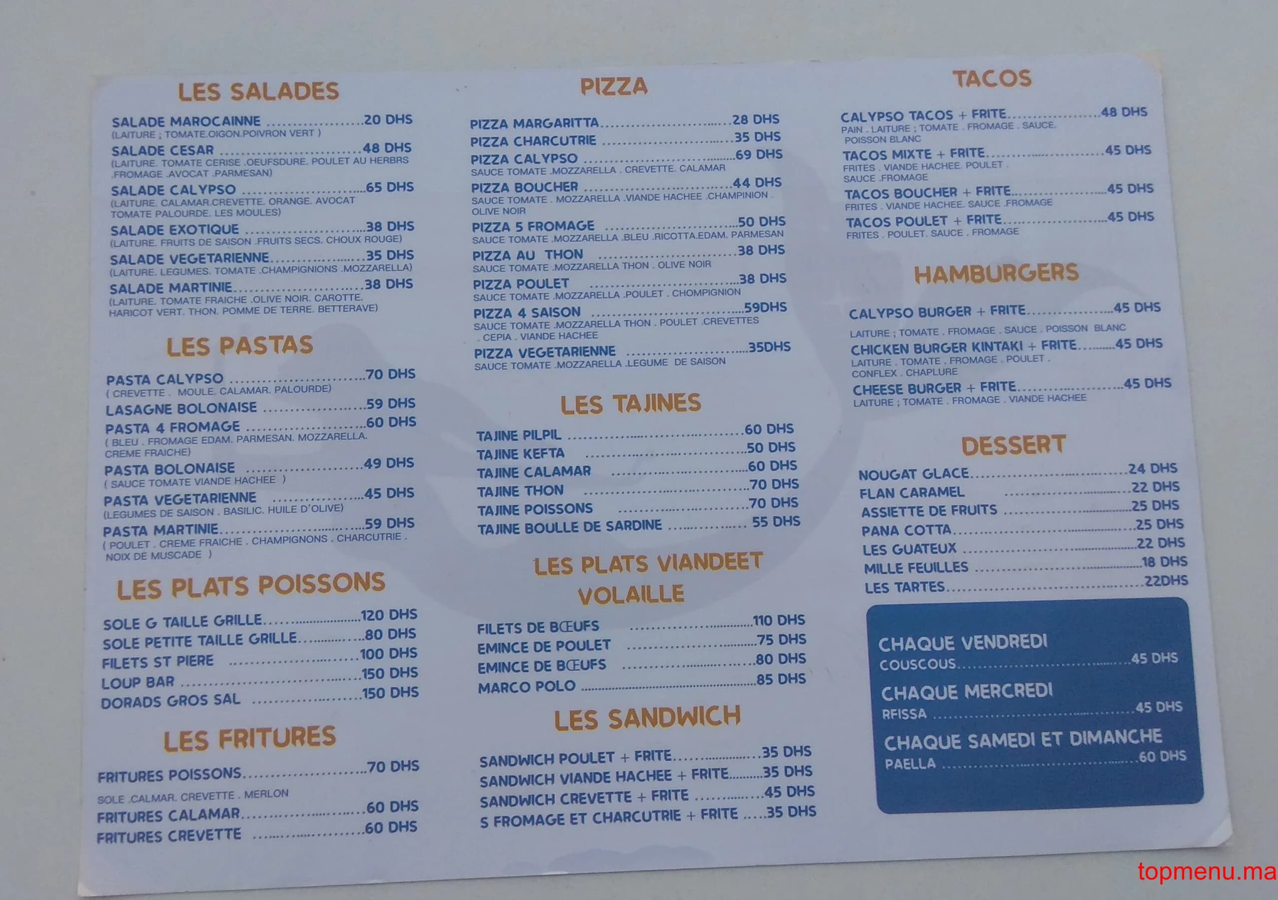 Restaurant Calypso Medina menu page 6 Calypso Medina menu page 6