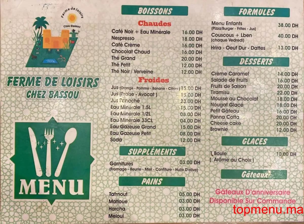 Restaurant Ferme de loisirs chez Bassou menu page 1 Ferme de loisirs chez Bassou menu page 1