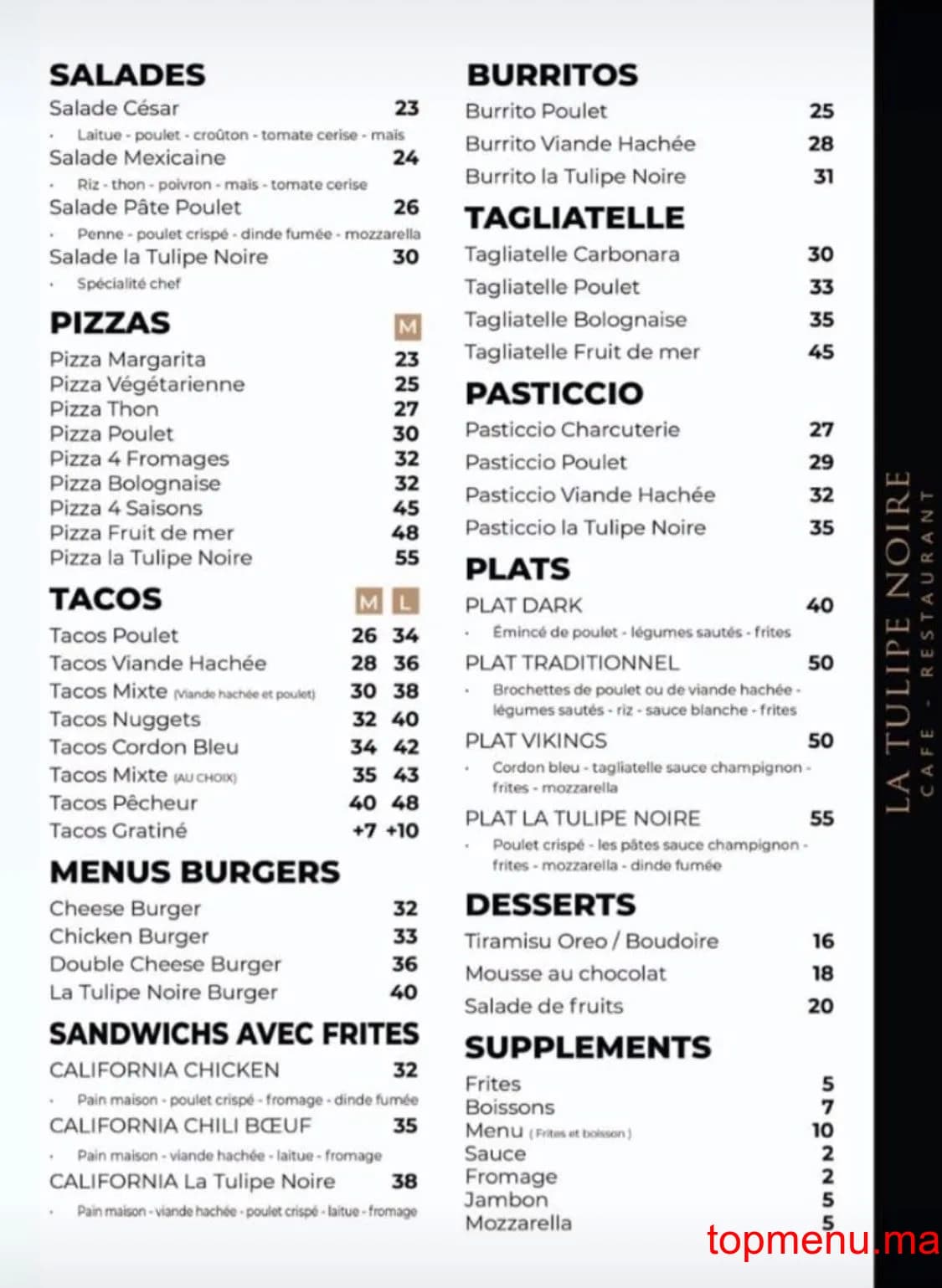 Restaurant La Tulipe Noire menu page 4 La Tulipe Noire menu page 4