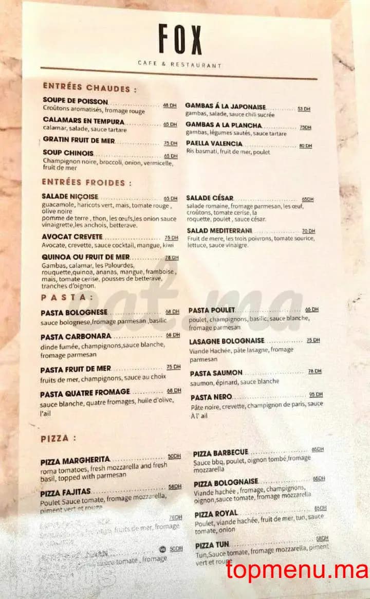 Restaurant Fox Tangier menu page 2 Fox Tangier menu page 2