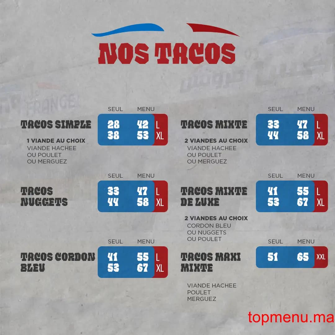 Restaurant Tacos de France menu page 1 Tacos de France menu page 1