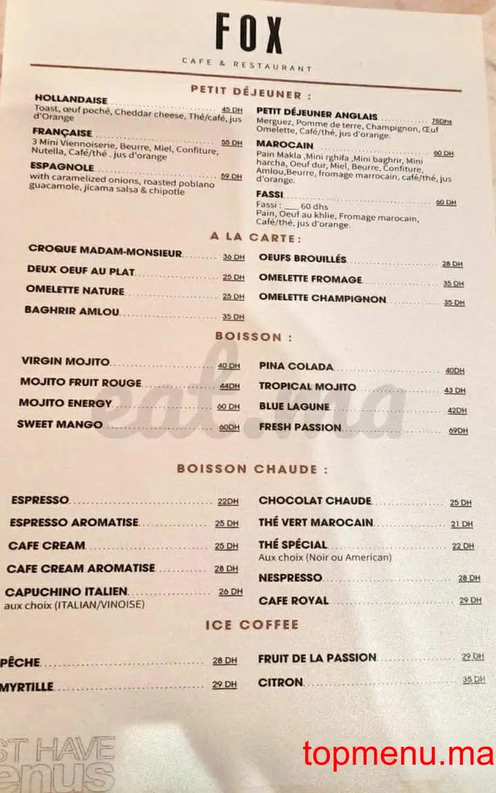 Restaurant Fox Tangier menu page 1 Fox Tangier menu page 1