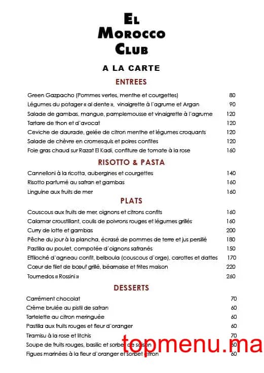 Restaurant El Morocco Club menu page 1 El Morocco Club menu page 1
