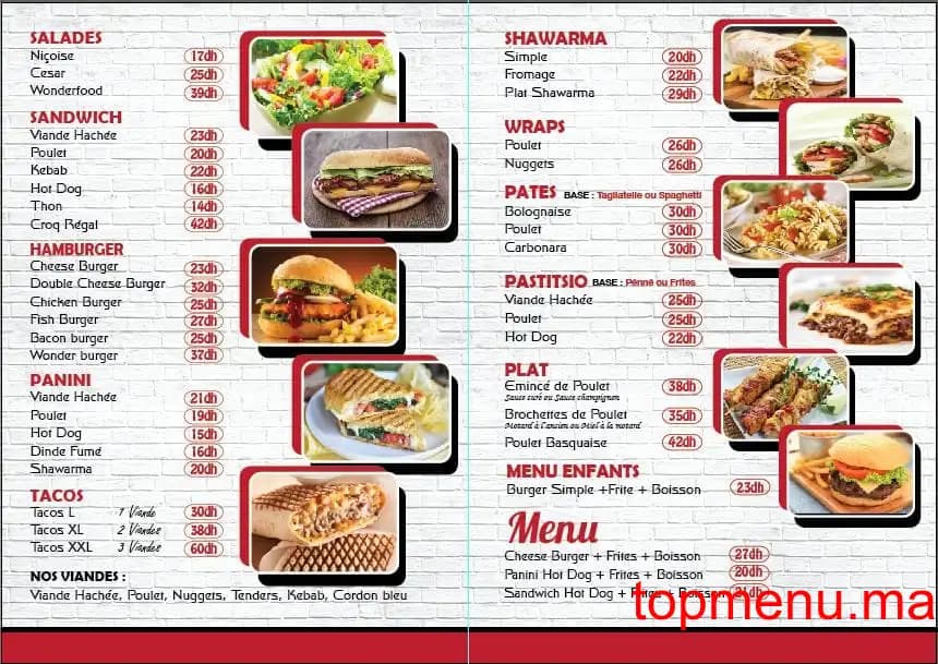 Restaurant Wonderfood menu page 1 Wonderfood menu page 1